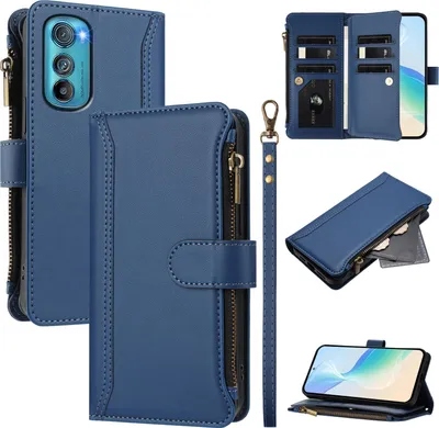 Produktbild von Handyhülle für Motorola Moto Edge 30 Reißverschluss Geldbörse Kunstleder Klapphülle mit Kartensteckplatz, Ständer, Handschlaufe Dunkelblau