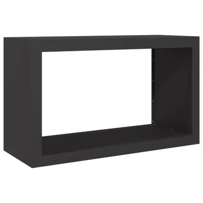 A dark gray metal firewood rack is shown against a white background.