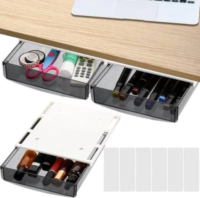 Obrázek produktu pro Tři nastavitelné boxy pod stůl do kanceláře, školy nebo kuchyně, samolepicí, plastové, pod stůl, do zásuvek, sklopné