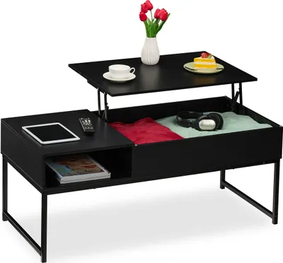 Produktbild von Relaxdays Couchtisch aufklappbar, HBT 45x110x50 cm, Seitenfach, Wohnzimmertisch m. Stauraum, Holzoptik & Metall, schwarz