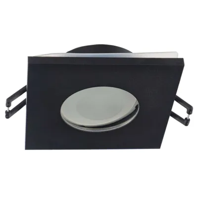 A black square recessed spotlight with a circular frosted glass lens.