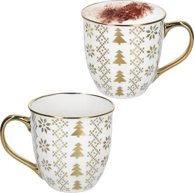 Obrázek produktu pro sada 2 hrnků jumbo 450 ml porcelán jedle bílá zlatá šálek na čaj a kávu
