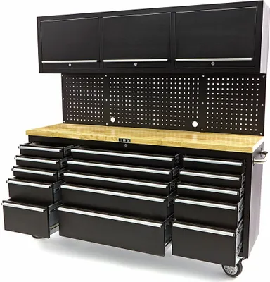 Produktbild von HBM Werkbank 182 cm mit 15 Schubladen, Schrankwand und Rückwand, Holzarbeitsplatte, schwarz