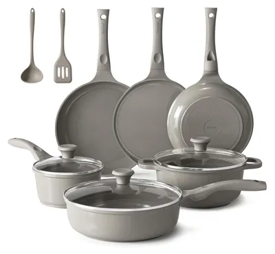 Produktbild von Topfset Pfannenset 11-teilig Keramik Induktion Grau mit Glasdeckel für alle Herdarten Spülmaschinenfest