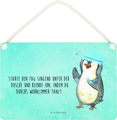Produktbild von Mr. & Mrs. Panda Schild Pinguin Duschen DIN A4 - Eisblau - Geschenk, Holzschild, Türschild, Baden, Duschkonzert, Motivation, Singen, wandtafel, Tanzen, Dusche, holzbild