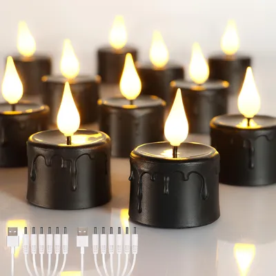 12er-Set wiederaufladbare LED-Teelichter, schwarz, 6h Timer, flackernd