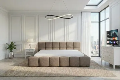 Produktbild von Polsterbett mit Bettkasten BAHRA / LAMBI 6 Braun / Schlaffläche 200 cm x 200 cm/ Metallrahmen / Bett mit gepolstertem Kopfteil/ Bouclé, KI-generiertes Bild