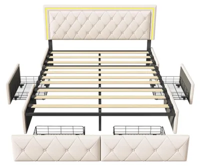 Produktbild von Polsterbett - Doppelbett 140x200 cm - 4 Schubladen, Stauraum - LED-beleuchtetes Kopfteil - Kunstleder - Holzrahmen - Ohne Matratze - Beige