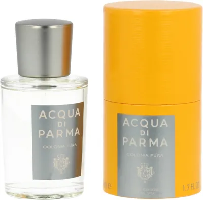 A bottle of Acqua di Parma Colonia Pura Eau de Cologne and its cylindrical packaging are displayed side-by-side against a white background.
