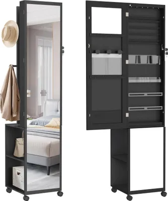 Image de YARDIN Miroir armoire à bijoux Rangement pour bijoux avec lampes LED et serrure de sécurité Armoire à glace sur pied 3 en 1 avec roulettes et étagères 36 x 40 x 170 cm Noir