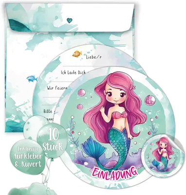 Produktbild von Einladungskarten 10 Stück, rund, 14,8 cm, Meerjungfrau Thema, mit Umschlägen und Aufklebern