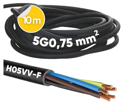 Productafbeelding van 10 meter Kalitec H05VV-F flexibele kabel, 5x0,75 mm² | Stroomkabel 5G0,75 mm² met aardedraad | PVC-kabel voor binnen gebruik | Zwarte elektrokabel | Flexibele lampenkabel | Apparaatkabel met 5 aders