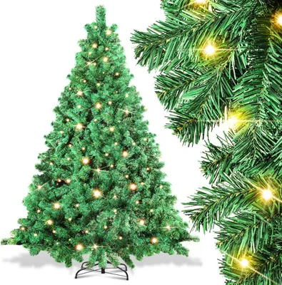 Produktbild von Izrielar Künstlicher Weihnachtsbaum 210cm mit Lichterkette 400 LED warm-weiß inkl. Metallständer 1200 Spitzen Weihnachten Christbaum Tannenbaum PVC Grün