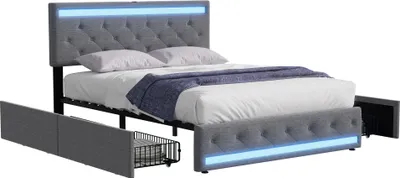 Produktbild von ProximaX Polsterbett 180x200cm mit Ladefunktion, LED und höhenverstellbarem Kopfteil, Doppelbett mit Lattenrost und 4 Schubladen, Stauraumbett Leinen, Grau
