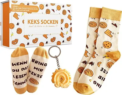 Produktbild von Geschenkset für Frauen und Männer, Keks Socken mit Spruch auf der Sohle und Keks Anhänger, Bring mir Kekse, Gr. 37-43