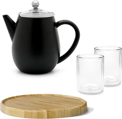 Produktbild von Schwarze doppelwandige Mini-Teekanne, 0.5 Liter, aus mattem Edelstahl mit braunem Holzuntersetzer und 2 isolierenden Teegläsern je 290 ml