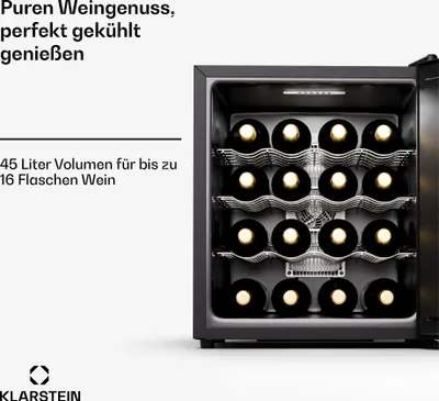 A wine cooler filled with wine bottles, with text describing its features.