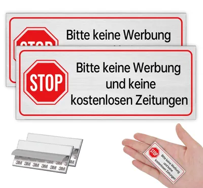 2 Alu-Schilder „Keine Werbung“ 65x25 mm, wetterfest