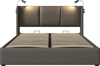 Produktbild von Sweiko Polsterbett Doppelbett mit Leselicht und USB-Ladefunktion, Stauraumbett mit Kopfteil und Lattenrost Kunstleder Grau 160x200cm (mit Matratze)