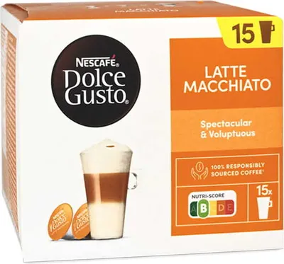 A box of Nescafé Dolce Gusto Latte Macchiato coffee capsules.