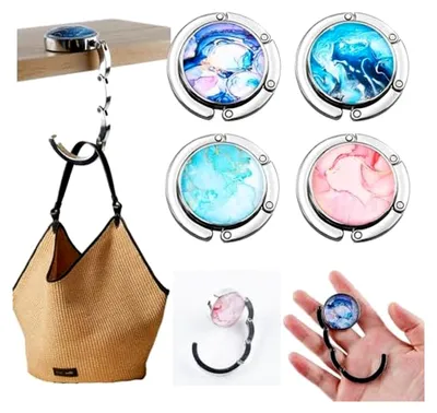 Produktbild von Taschenhalter für den Tisch, 4 Stück Handtaschenhaken mit Marmorierung, faltbar und rutschfest