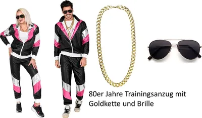 Produktbild von Set Schwarzer 80er Jahre Lederlook Trainingsanzug - Gr. S bis 2XL - inkl. Brille und Goldkette XXL - ab 190 cm