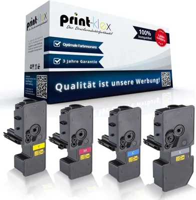 Four toner cartridges are displayed in front of a product box.
