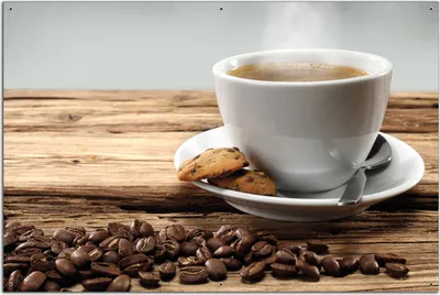 Produktbild von Wallario Outdoor-Poster für Garten oder Balkon, Motiv Heiße Tasse Kaffee mit Kaffeebohnen, in ca. 61 x 91,50 cm