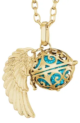 Produktbild von Morella Damen Halskette gold Edelstahl 70 cm mit goldenem Anhänger Engelsflügel und Klangkugel Zirkonia türkis Ø 16 mm in Schmuckbeutel