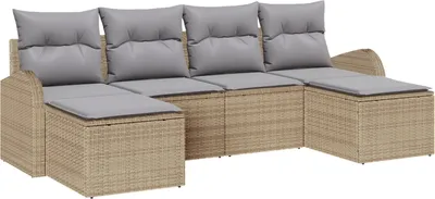 Produktbild von Möbel 6-teiliges Garten Sofa Set mit Kissen Beige Poly Rattan, 2-Sitzer Garten Sofa mit Stauraum & Kissen Beige Poly Rattan - Gartensofas 3354819