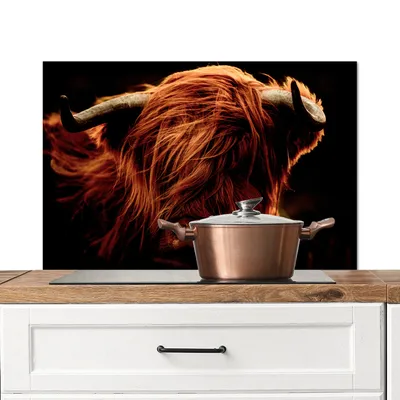 Produktbild von KitchenYeah®  Spritzschutz Küche - Küchenrückwand - Wandschutz für Herd und Spüle - Schottisches Hochlandrind - Kuh - Hörner - Porträt - Tiere 80x55 - Alu-Dibond (Alternative zum Spritzschutz aus Glas