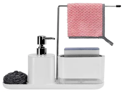 Image de Rangement de cuisine avec distributeur de savon et kit pour distributeur, distributeur de savon 3-en-1 et porte-éponge, rangement de cuisine adapté à l'évier (blanc)