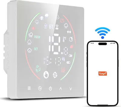 A smart thermostat and a smartphone are displayed side-by-side. The thermostat has a digital display showing temperature and time, with various icons around the screen. The smartphone displays the Tuya app interface.