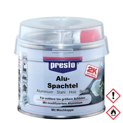 A can of Presto Alu-Spachtel with a clear plastic lid.