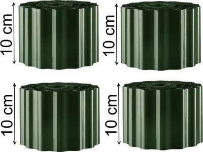 Four rolls of green garden edging are shown in a grid layout against a white background.