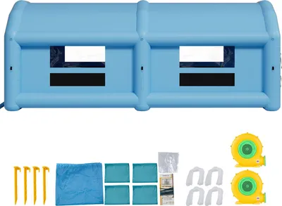 Zdjęcie produktu dla SucceBuy Nadmuchiwana kabina lakiernicza 12x5x4 m, namiot z dmuchawą 950+1100 W i systemem filtrów powietrza, trójkątny dach, wytrzymała tkanina Oxford, odpowiednia do malowania natryskowego metalowych części pojazdów