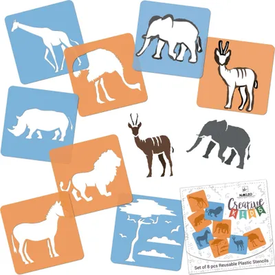 Produktbild von Schablonen Malen für Kinder, 8 Stück Set 15x15 cm Savanna Tiere, Kinder Kreatives Zeichenschablonen, Kunststoff Wiederverwendbar Malschablone