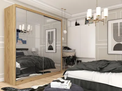 Obrázek produktu pro Moderní Šatní Skříň s Posuvnými Dveřmi se Zrcadlem 120 150 180 200 cm - Dub Zlatý Skříň do Ložnice s Posuvnými Dveřmi - Tyč na Šaty - 200 cm - Dub Zlatý