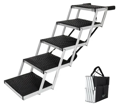 Obrázok produktu pre Sklopná rampa pre psov – hliník – 5 schodíkov – protišmyková povrchová úprava – nosnosť do 110 kg – vhodná pre autá, postele a nákladné vozidlá