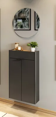 Produktbild von Garderobe Flurgarderobe schmal in grau mit Eiche ABERDEEN-01 modern 2-teilig mit Schuhschrank und Spiegel