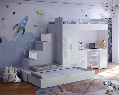Produktbild von Etagenbett TOMI 5, Doppelstockbett Hochglanz Kinderbett Hochbett, MIT Matratze und Lattenrost (Weiss + Weiss, Glanz)