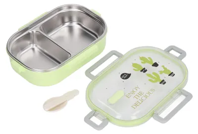 Obrázok produktu pre 304 box na obed z nehrdzavejúcej ocele - priehradky, tepelná izolácia, nepriepustný bento box pre deti a študentov, s priehľadným dizajnom zeleného kaktusu