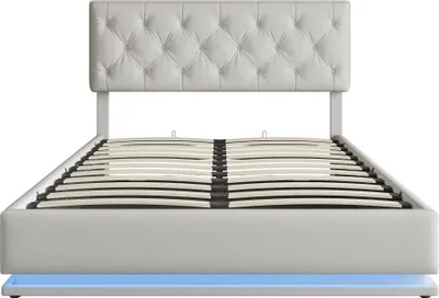 Obrázok produktu pre Čalúnená posteľ Fortuna Lai 140x200 cm s podnožou a LED osvetlením, hydraulická skriňová pružinová posteľ s výškovo nastaviteľným čelom a lamelovým roštom, posteľné dvojlôžko s úložným priestorom pre mladých, biela