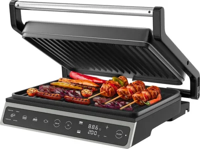Zdjęcie produktu dla Grill kontaktowy Olvy, 1800W, grill elektryczny, opiekacz do kanapek, 7 programów, opiekacz do panini, grill wewnętrzny, płyty bez PFAS, grill stołowy