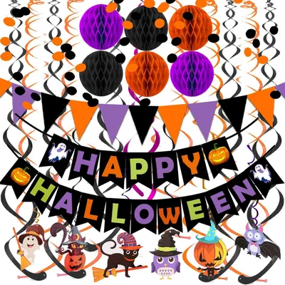 Produktbild von Happy Halloween Banner Papier Dreieck Flagge Wimpelkette Kreis Konfetti Punkte Hängende Girlande Wabenball Wirbel Luftschlangen für Halloween Party Dekorationen
