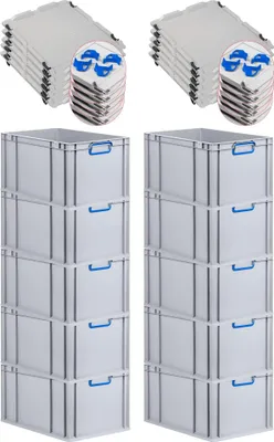 Produktbild von SparSet 10x Eurobox NextGen Color mit Auflagedeckel und Schiebeschnappverschlüsse | HxBxT 32x40x60cm | 65 Liter | Grau | Griffe blau geschlossen | Verstärkter Boden | Eurobehälter, Transportbox, Transportbehälter, Stapelbehälter