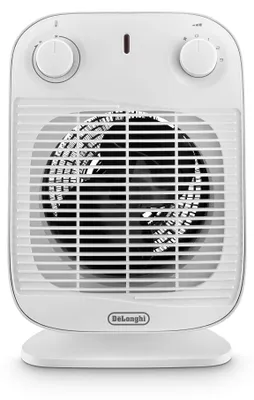 A white De'Longhi fan heater is shown from the front on a white background.
