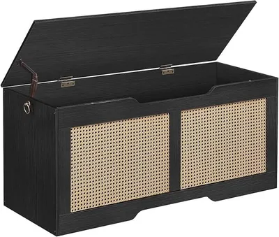 Produktbild von Truhen, Sitzbank mit Stauraum, Schuhbank, 110 cm Rattan-Aufbewahrungstruhe mit Sicherheitsscharnieren, Aufbewahrungsbank, Aufbewahrungsbox, für Flur, Schlafzimmer, Schwarz EBB22CW01