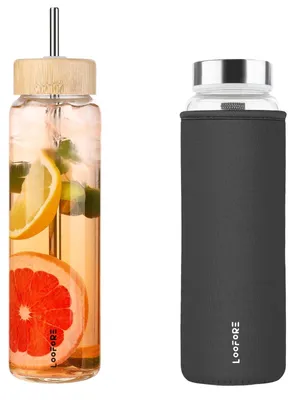 Productafbeelding van 1L Glazen Waterfles met Rietje en Neopreen Hoes