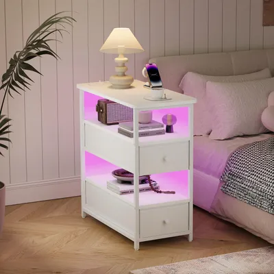 Obrázek produktu pro UnboxG Bílý noční stolek se 2 látkovými zásuvkami LED světlo USB Type-C Praktický nábytek do ložnice